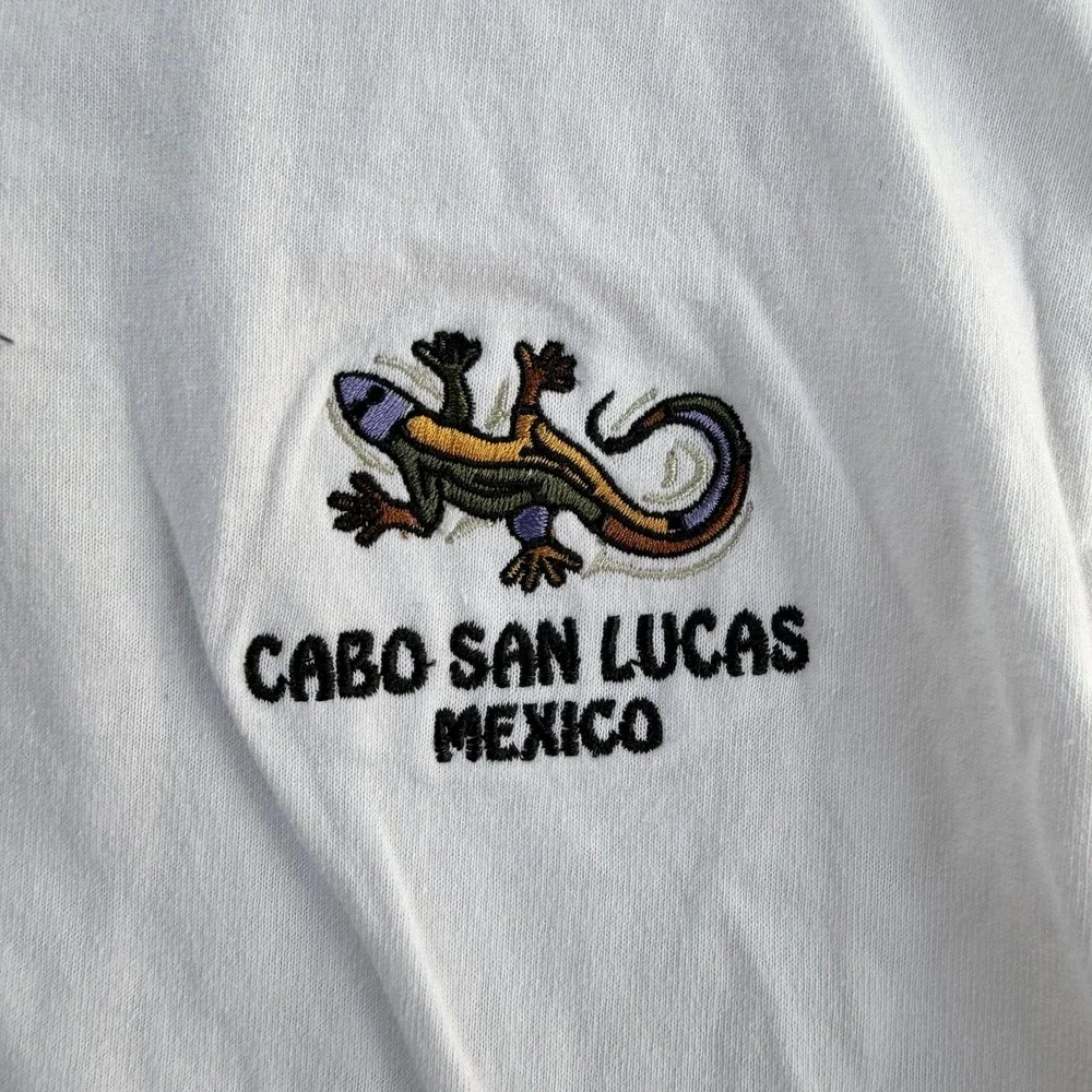 Cabo San Lucas Mexico Shirt Mens Large White Embroidered Lizard T-Shirt Yazbek